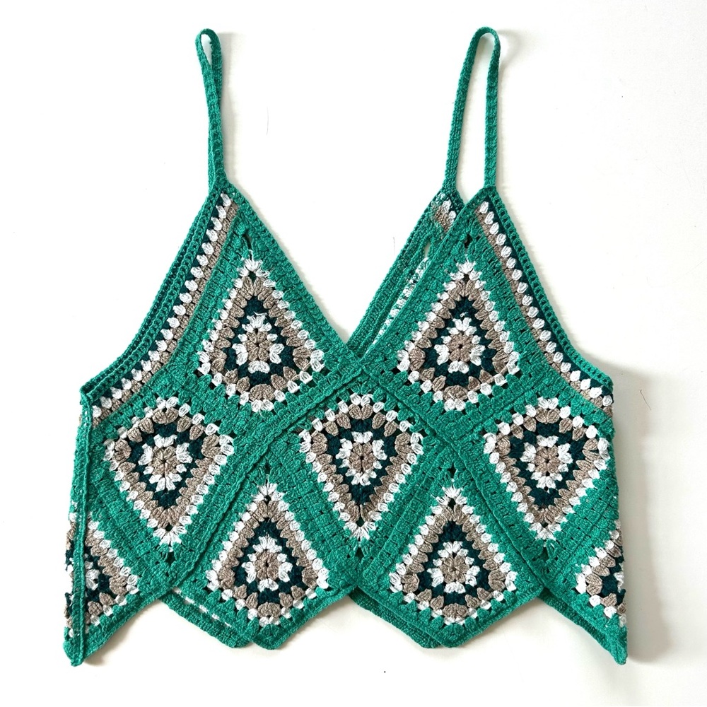 Boho Turquoise Green Crochet Knit Granny Square Sweater Crop Tank Top - Picture 4 of 5